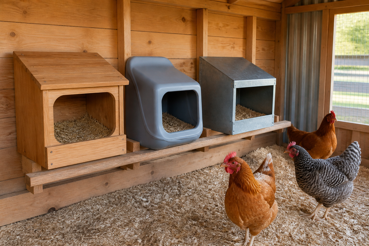 Wood, plastic, and metal chicken nesting boxes installed in one clean coop
