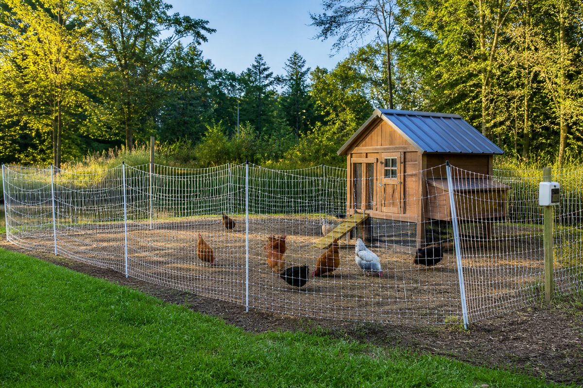 Electric poultry netting surrounding a backyard chicken run with chickens inside