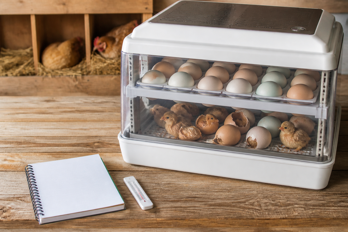 Chicken eggs in an incubator with basic monitoring equipment for hatch troubleshooting