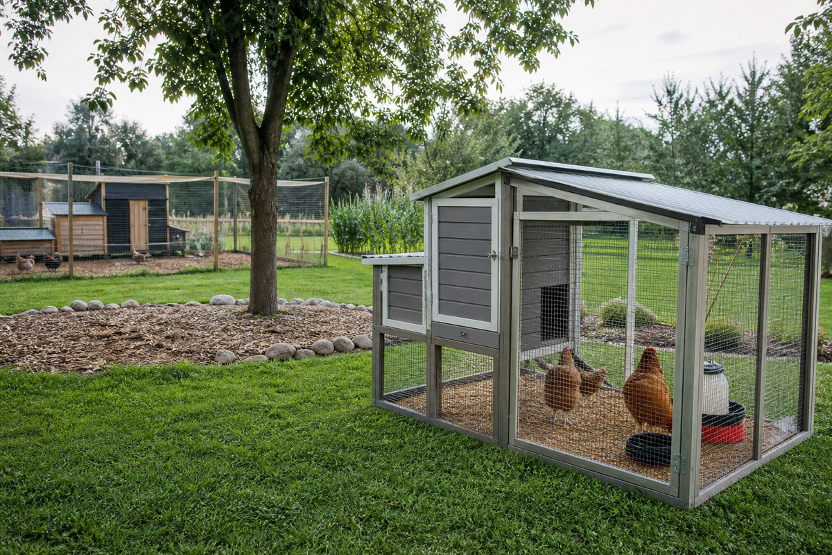 Separate chicken quarantine coop and covered run positioned away from the established flock
