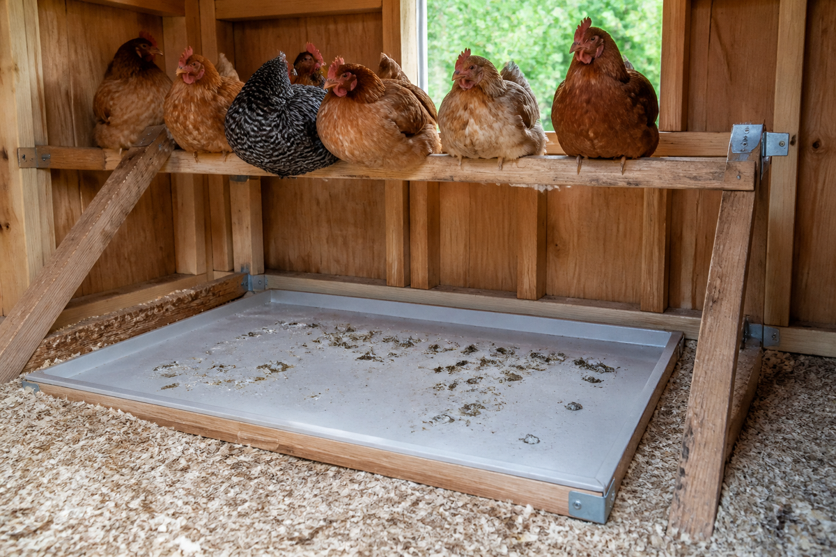 Chicken coop roost with a removable poop board positioned directly underneath