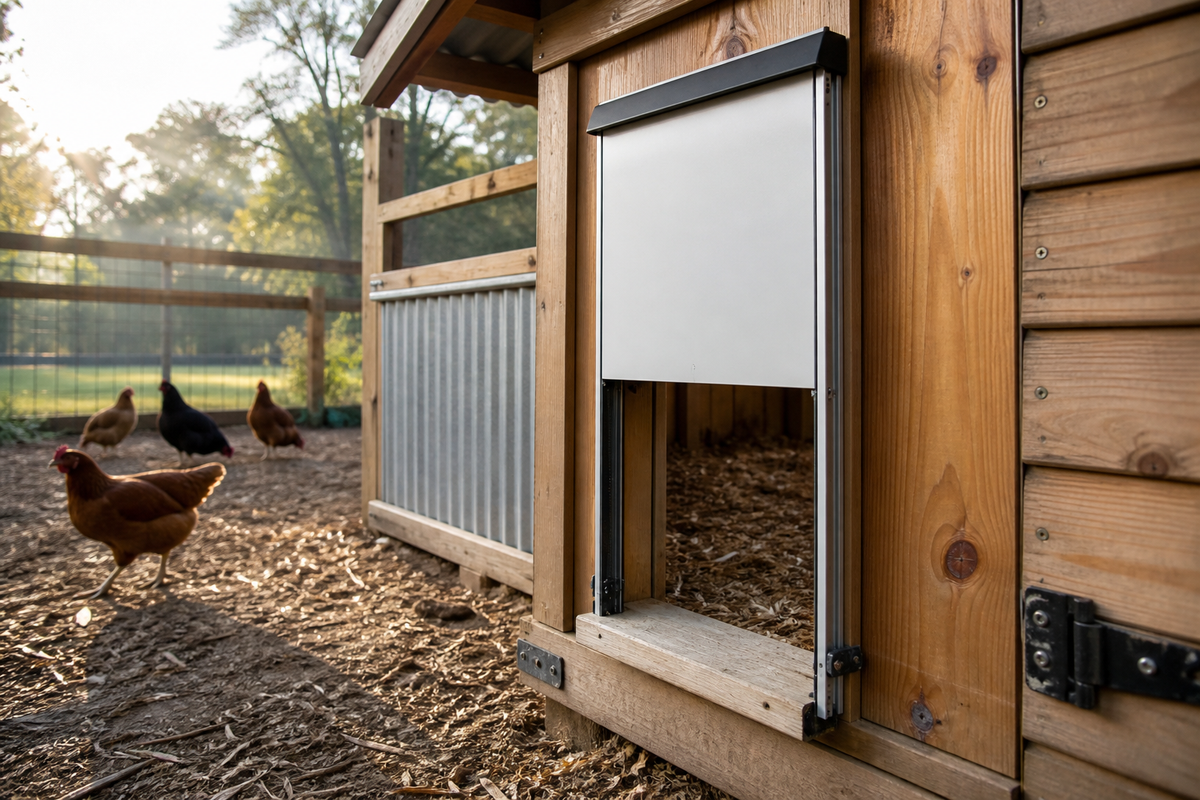 Automatic chicken coop door partially open with its guide tracks and threshold visible during inspection