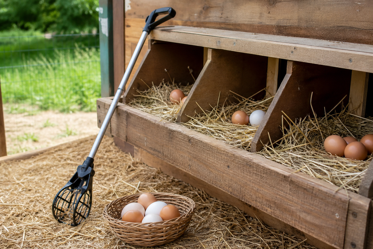 Chicken egg grabber positioned beside open nesting boxes, an egg basket, and freshly collected eggs in a backyard coop