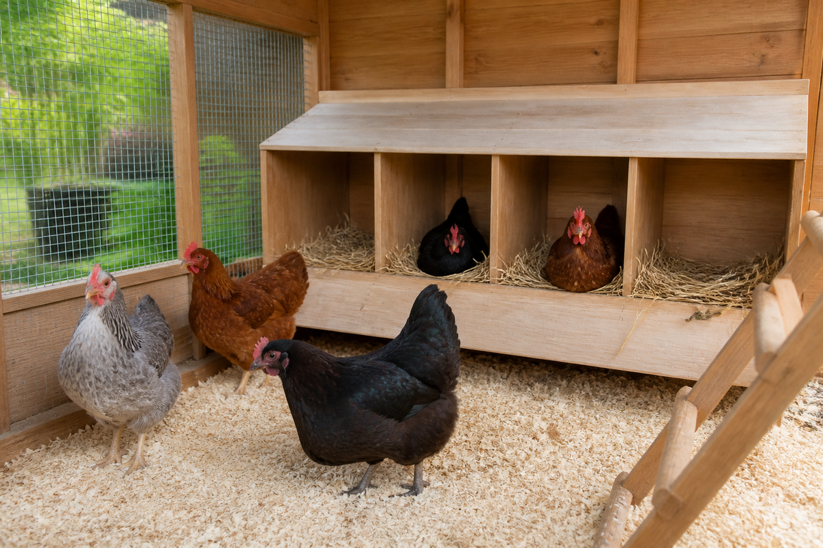 Backyard hens using clean nesting boxes in a quiet, well-organized coop