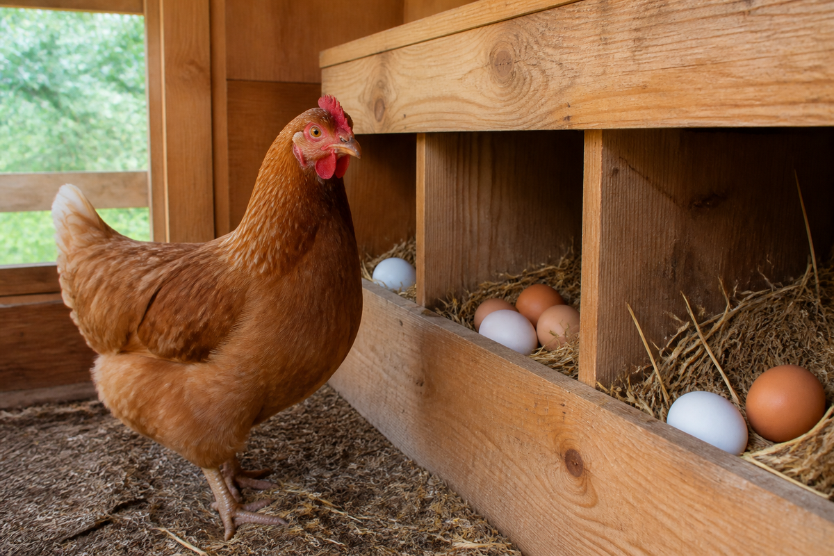 Healthy hen beside clean nesting boxes with intact eggs in a well-maintained coop