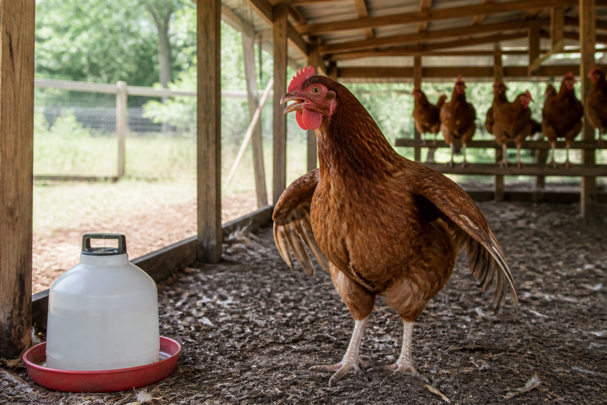 Chicken showing early heat-stress signs while standing in a shaded, ventilated coop near clean water