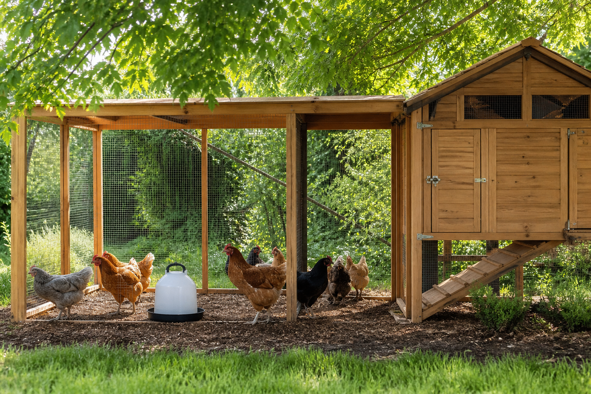 Chickens using a shaded, well-ventilated summer run with clean drinking water