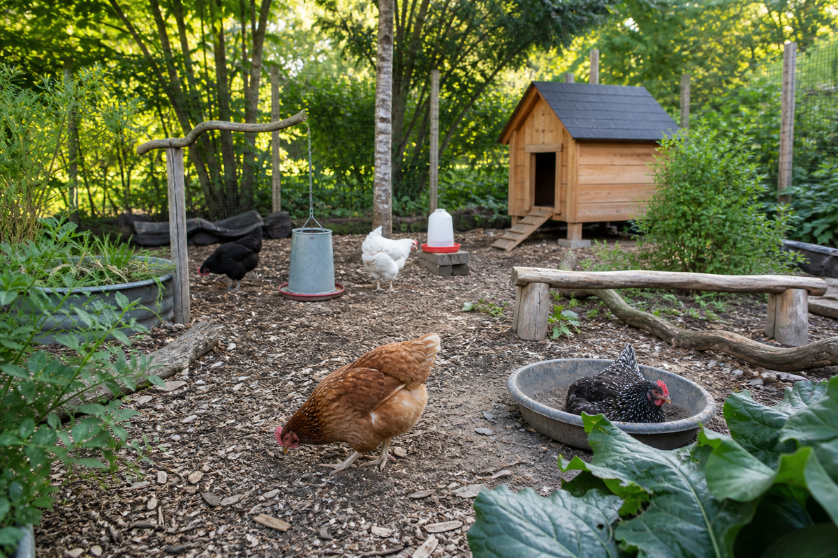 Hens exploring a chicken run with a low perch, sheltered corner, scratching area, dust bath, and open walking space
