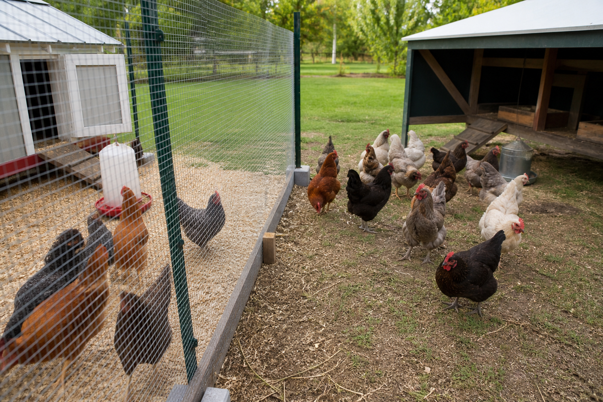 New chickens separated from an established flock by a secure barrier in a backyard run