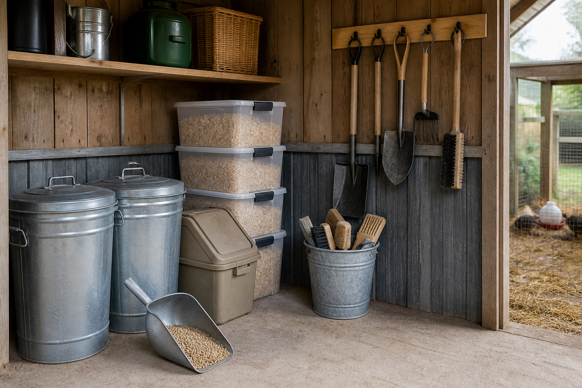Organized chicken coop supply area with separate feed, bedding, cleaning, and tool storage zones