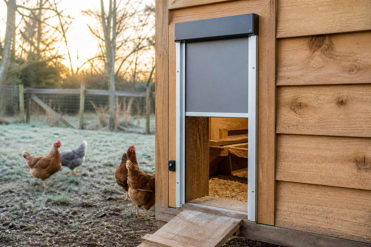 Automatic chicken coop door with a clear track and clean frame during a routine inspection