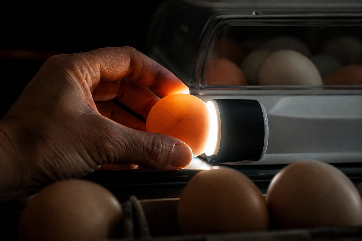 A chicken egg being candled beside an incubator with veins visible through the shell