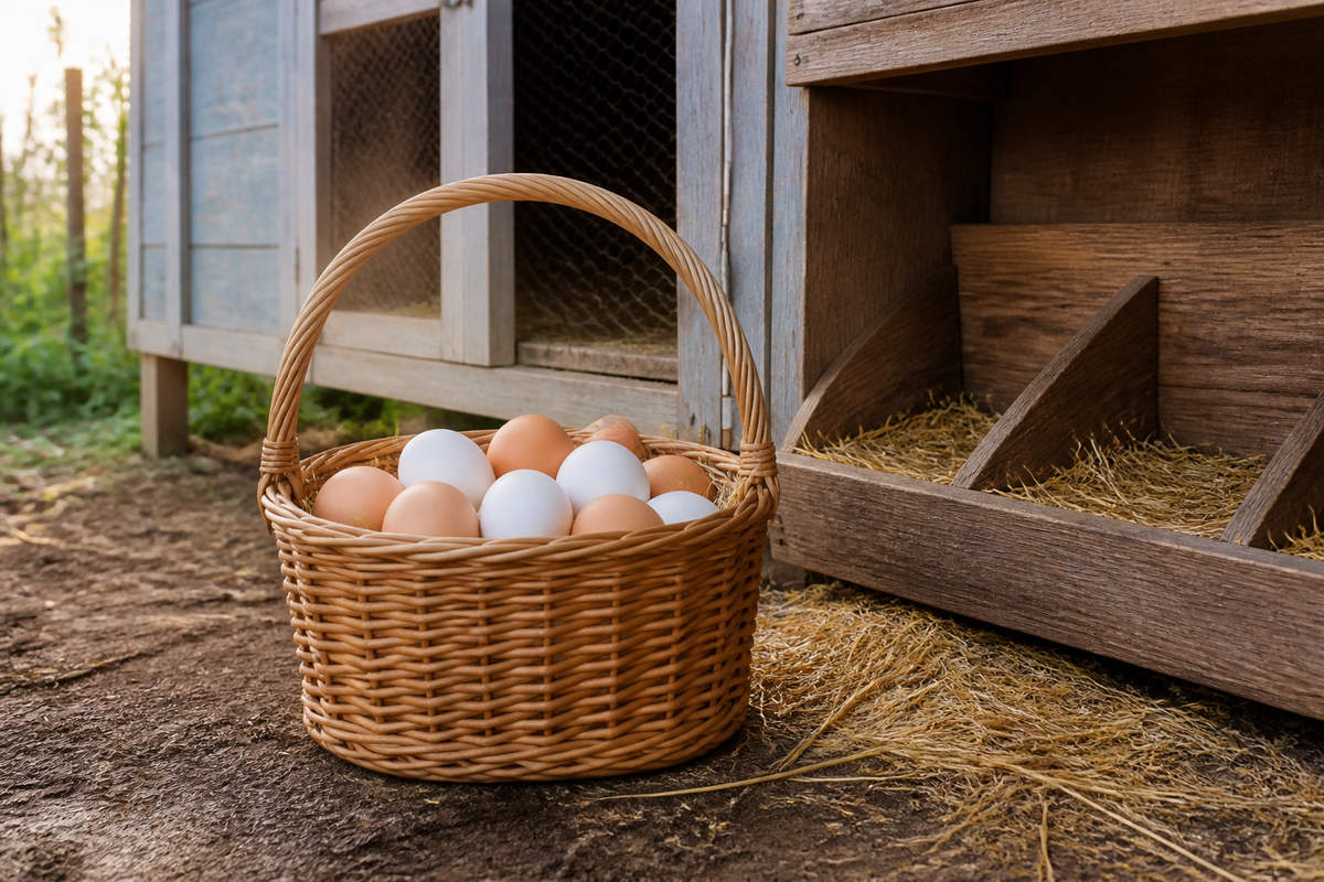 Chicken egg basket filled with freshly collected eggs beside a backyard coop