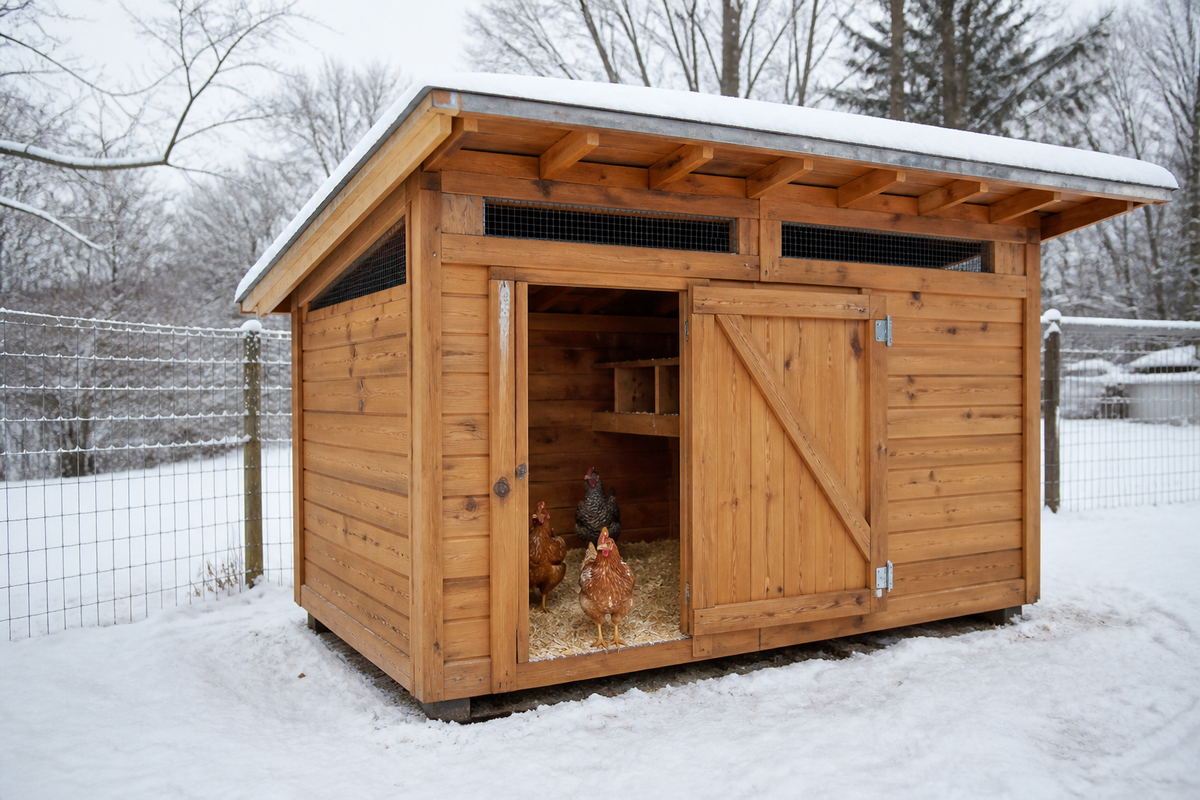 Weather-protected chicken coop prepared for winter with upper vents and dry bedding