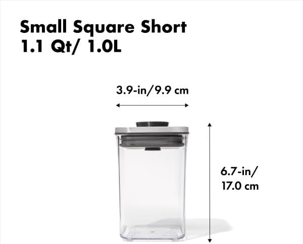 OXO Steel POP Container Small Square Short (1.1 Qt/1 L) - Airtight Food Storage - Ideal for Brown Sugar, Tea,Grey