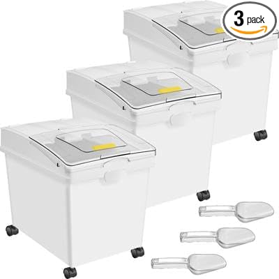 Happybuy 3-Pack 10.5 Gallon/40L Rice & Pet Food Storage Containers, Airtight Bin with Wheels, Scoops for Kitchen Ingredients, Cereal & Flour Dispenser