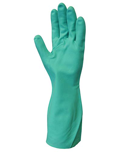 SHOWA 730 Chemical Resistant Gloves, 15-mil Nitrile with Cotton Flock Liner, 13-inch Extended Gauntlet, Bisque Grip, CE Cat III & Food Safe, Green, Large, 12-Pack