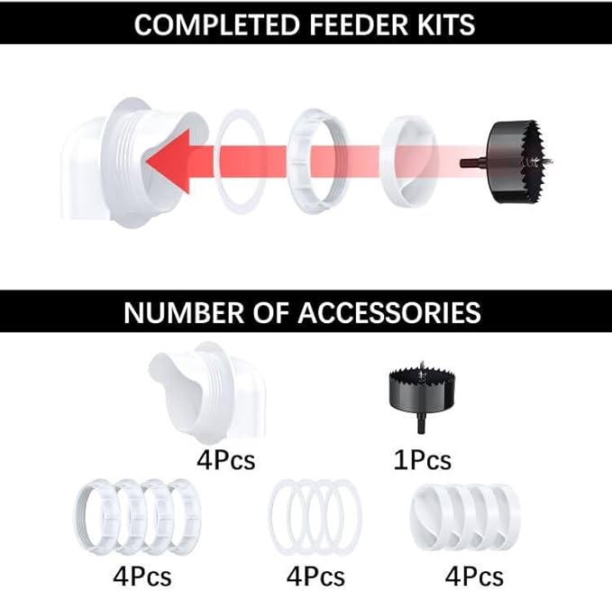Chicken Feeders No Waste 12 Ports, DIY Poultry Feeder with 12 Covers 1 Hole Saw, Rain Proof Automatic Gravity Chicken Feeder Kits for Buckets, Barrels, Bins, Troughs (White)