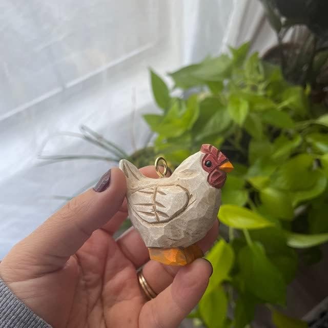 Hand-Carved White Hen Figurine - Miniature Wood Chicken Bird Art Statue Mini CarvedFigurine, Small Farm Animals, Handmade Carved Ornament for Rustic Home Decor & Collectibles