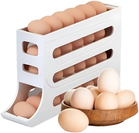 Automatic Rolling Egg Storage For Refrigerator, Fridge Organizer, Space Saving Refrigerator Egg Holder For Fridge ,Holds 28 Egg Storage，for Refrigerator,Kitchen,Cabinets,Tabl (White)