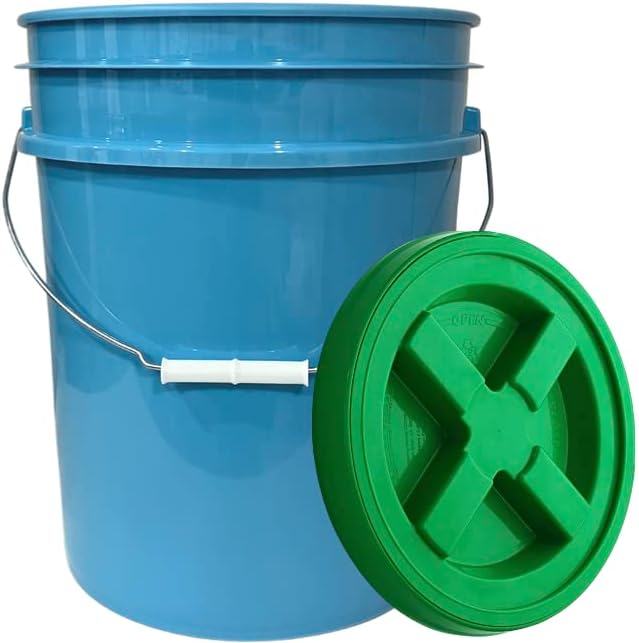 House Naturals 5 Gallon Food Grade Plastic Bucket with Screw on Air Tight Lid, Made in USA pails (Pack of 3) (Light Blue- Green Lids)