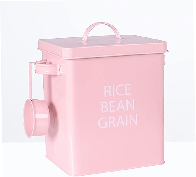 GALPADA Pink Metal Pet Food Storage Container Airtight Grain Canister with Spoon for Dogs Cats Durable Galvanized for Kibble Space Saving Design