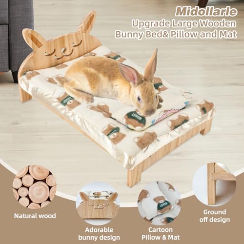 Large Wooden Bunny Bed, 2-in-1 Rabbit Bed with Pillow and Mat - 20.4"L x 14"W x 3.9"H (52x36x10 cm) - Image 3