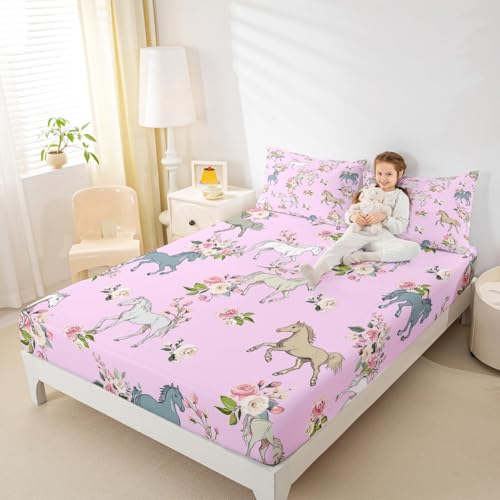 Erosebridal Horse Bed Sheets Twin Rose Sheet Set for Girls Boys Kids Teens Western Cowboy - Multi 19, Microfiber, 3 Pack - Image 4