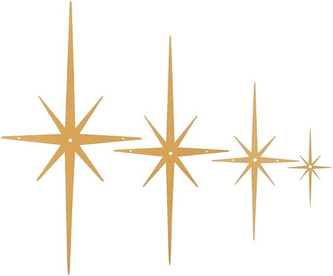 CREATCABIN 4Pcs Metal Star Burst Wall Decor Mid Century Star Decor Gold 8 Pointed Atomic Stars Celestial Wall Art Sculpture Hanging Ornament Modern Home Accents for Bedroom Office Room Decoration