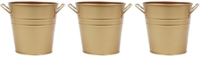 Hosley Set of 3 Gold Metal Bucket/Pots with PVC Liner, Ideal Gift for Floral Arrangements Wedding Home Office Party DIY Indoor Outdoor Garden Patio 5" Dia x 5" H