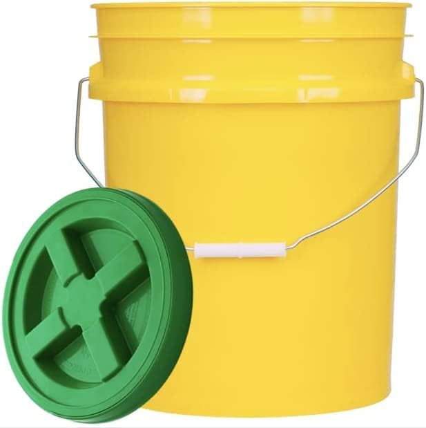 House Naturals 5 Gallon Made in USA Food Grade Plastic Bucket with Screw On Air Tight Double Gasket Lid, (Pack of 3) (Yellow Buckets/Pails - Green Lids)