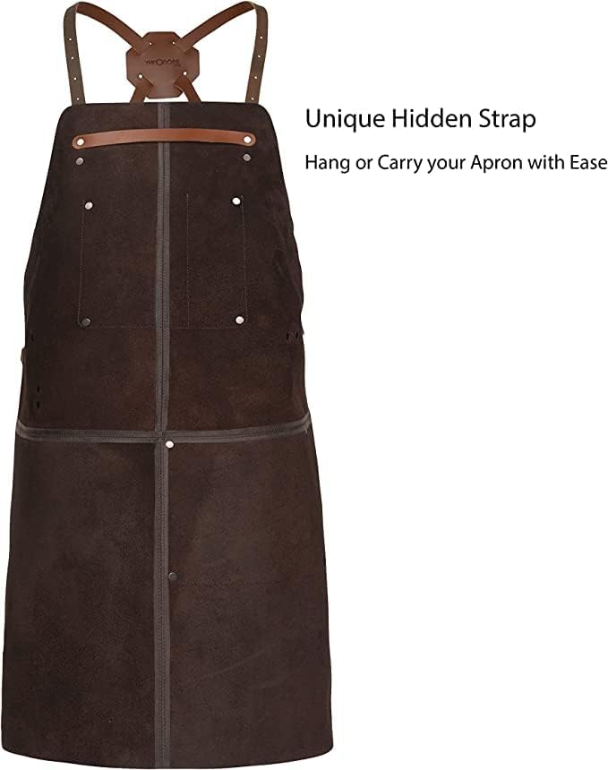 Theodore Premium Top Grain Leather Apron with Cross‑Back for Men & Women – 32.5″ × 24.5″ Heavy‑Duty BBQ, Cooking, Woodworking Apron with Two Large Tool Pockets