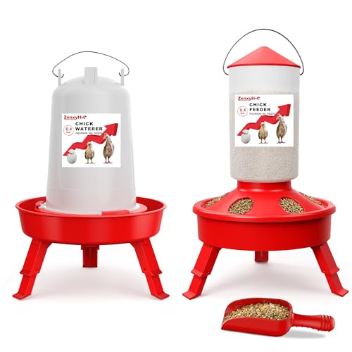 2-in-1 Chick Starter Set: Top Filling 0.4 Gal Feeder & Waterer Red - 0.4Gal Feeder & 0.4Gal Waterer, BPA-Free Plastic (Semi-Transparent), 0.4 gallons by ZenxyHoC