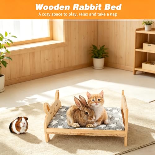 Large Wooden Rabbit Bed, 2-in-1 Bunny Bed with Gray Star Mat - 20.4 x 14.5 x 1.4 inches, white - Image 6