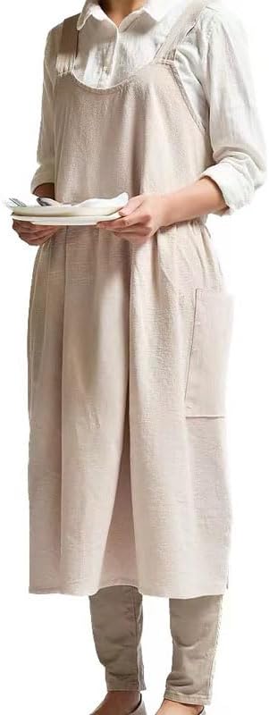 Cotton and linen Kitchen Cooking Aprons Dress for Women with Pockets Cute for Baking Painting Gardening Cleaning