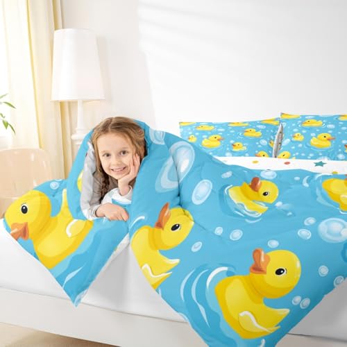 Erosebridal Kids Yellow Rubber Duck Queen Comforter Set Cartoon Ducks Bedding Set Funny - Blue Yellow, Polyester, 3 Pack - Image 6