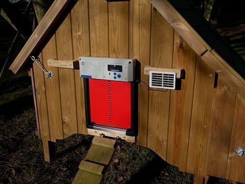Automatic Chicken Coop Door Opener, ChickenGuard One in All 4 Colours, Timer/Light Sensing, Winter Mode, Auto-Stop & Predator Proof, 3 Power Options, Solar, Battery or Electric (Red + Solar Kit)