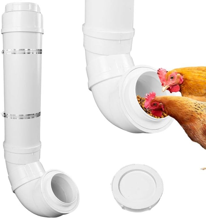 Automatic Chicken Feeder with 2 Covers Duty PVC Pipe No Waste Chicken Coop Feeder 6.6 Pounds Large Chicken Feeder Hanging Chicken Feeder