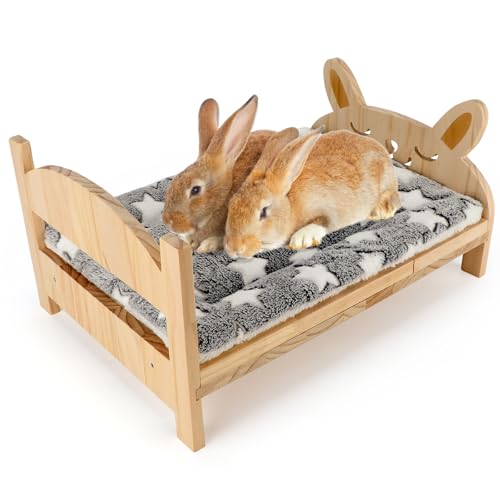 Large Wooden Rabbit Bed, 2-in-1 Bunny Bed with Gray Star Mat - 20.4 x 14.5 x 1.4 inches, white by Midollarle