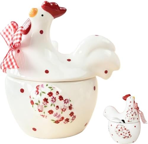 Chicken and Flower Pattern Ceramic, Rooster Shape Sugar Jar with Lid and Spoon, Rural Easter Kitchen Decor for Food Storage, Spring Farmhouse Countertop Container (1 Pc)