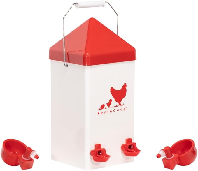RentACoop 1 Gallon Chicken Waterer with 2 Auto-Fill Cups, Horizontal Nipples and Anti-Roost Cone - Suitable for Chicks, Chickens, Quails, Pigeons and Gamebirds