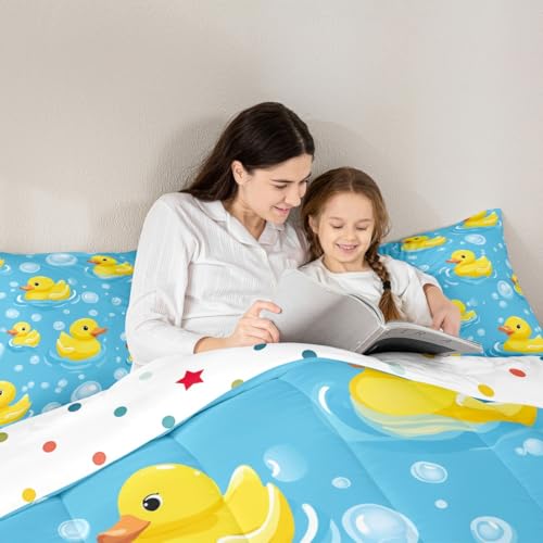 Erosebridal Kids Yellow Rubber Duck Queen Comforter Set Cartoon Ducks Bedding Set Funny - Blue Yellow, Polyester, 3 Pack - Image 5