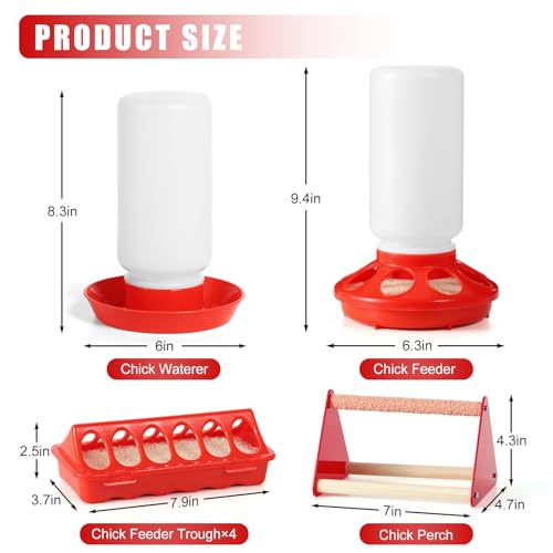 7PCS Chick Feeder and Waterer Kit with Wooden Perch,Baby Poultry Starter Set with Chick - Plastic, 16 ounces - Image 2