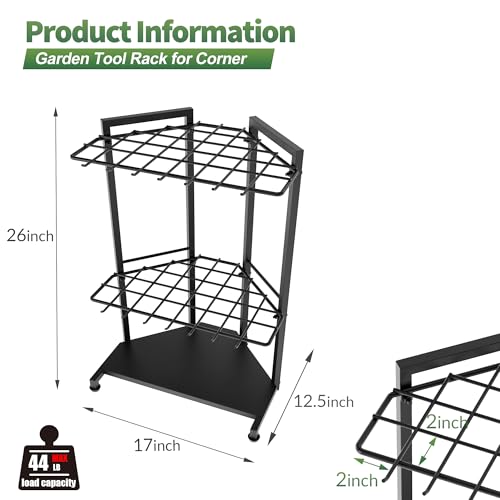 Garden Tool Organizer for Corner, Heavy Duty Metal Rack with 34 Storage Compartments & 14 - Black, Alloy Steel, Long-Handled Tools - Image 6