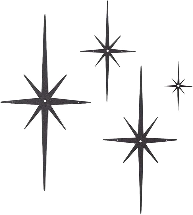 CREATCABIN 4Pcs Star Burst Wall Decor Black Mid Century Modern Metal Wall Art Sculpture Retro 8 Pointed Atomic Stars Celestial Hanging Ornament Accents for Home Bedroom Office Room Decoration
