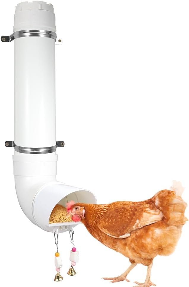Kalakey Automatic Chicken Feeder, Hanging PVC Tube Chicken Coop Feeder with Chew Toy Bell, Holds 6lbs Feed for Hens Chicks, Grit and Oyster Shell Feeder