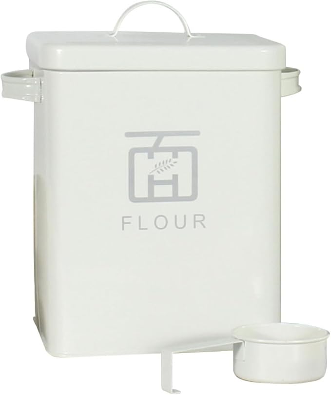 TOYANDONA Multi-function Flour and Rice Storage Container with Airtight Seal, Vintage White Metal Food Bin for Household Kitchen Pantry Organization