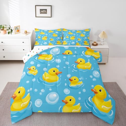 Erosebridal Kids Yellow Rubber Duck Queen Comforter Set Cartoon Ducks Bedding Set Funny - Blue Yellow, Polyester, 3 Pack by Erosebridal