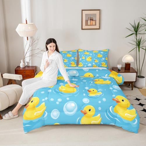 Erosebridal Kids Yellow Rubber Duck Queen Comforter Set Cartoon Ducks Bedding Set Funny - Blue Yellow, Polyester, 3 Pack - Image 4