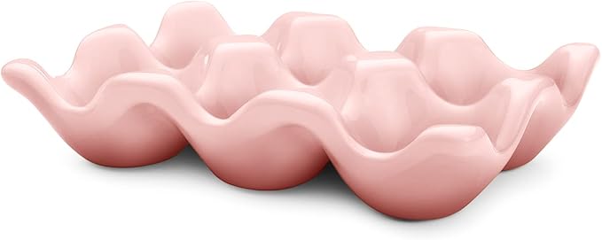 Flexzion Ceramic Egg Holder for Fridge - 6 Cups Egg Tray Half Dozen Porcelain Container Keeper Storage Organizer Decorative Serving Dish Serveware for Refrigerator Countertop Display Kitchen (Pink)